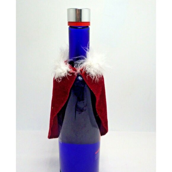 Wine Bottle Santa Cape Velvet Christmas Holiday Gift Feather Boa - Picture 1 of 6
